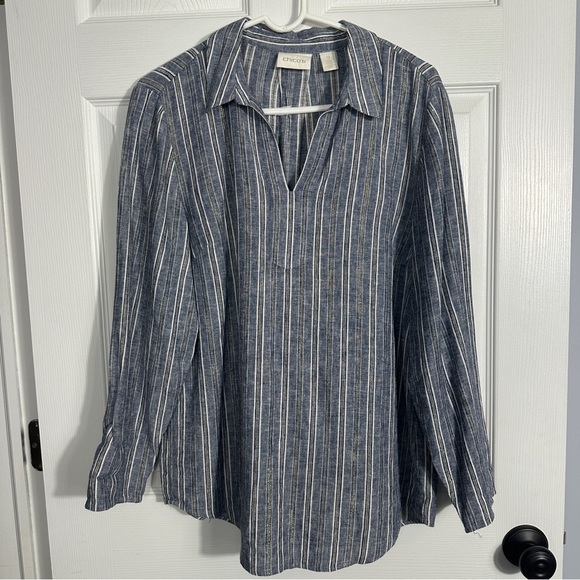 Chico's Sz. 2 (L) tunic, blue/metallic, linen blend, v-neck, flowy, lightweight - Picture 1 of 12